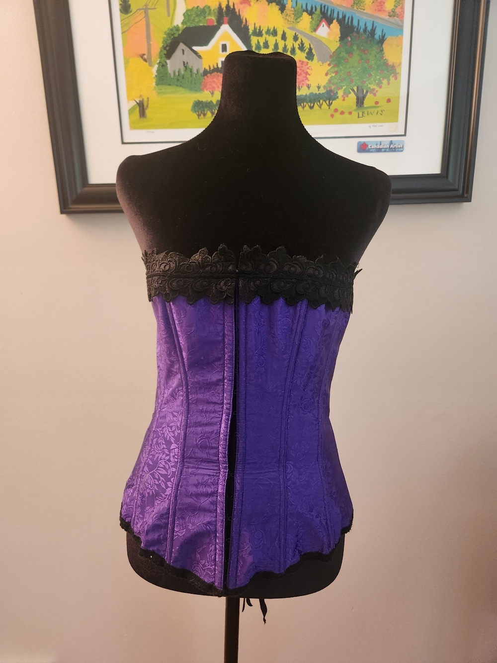 GARNIER Purple Silk Corset with Black Lace Trim-Made In Canada